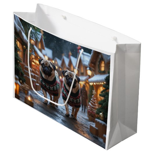 Mops-Hunde Weihnachten Schnee Urlaub Große Geschenktüte (Vorderseite Schrägansicht)