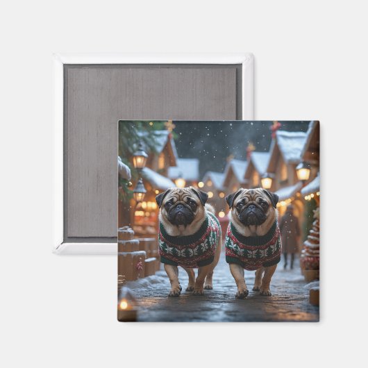Mops-Hunde Weihnachten Schnee Urlaub Magnet (Vorderseite/Rückseite)