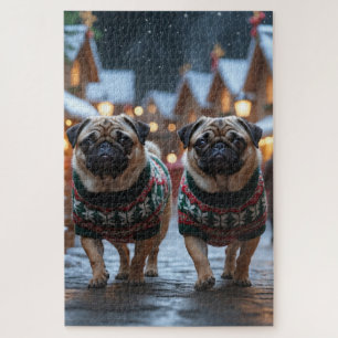 Mops-Hunde Weihnachten Schnee Urlaub Puzzle