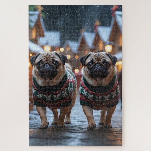 Mops-Hunde Weihnachten Schnee Urlaub Puzzle (Vertikal)