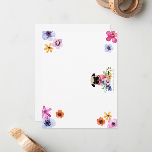 Mops im Frühjahrsblumen Mitteilungskarte (Vorderseite/Rückseite Beispiel)