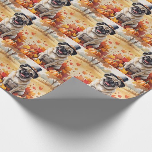 Mops im Herbst lässt Erntedank Kunst Geschenkpapier (Ecke)