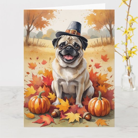Mops im Herbst lässt Erntedank Kunst Karte (Gelbe Blume)