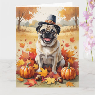 Mops im Herbstlaub Thanksgiving Kunst Karte