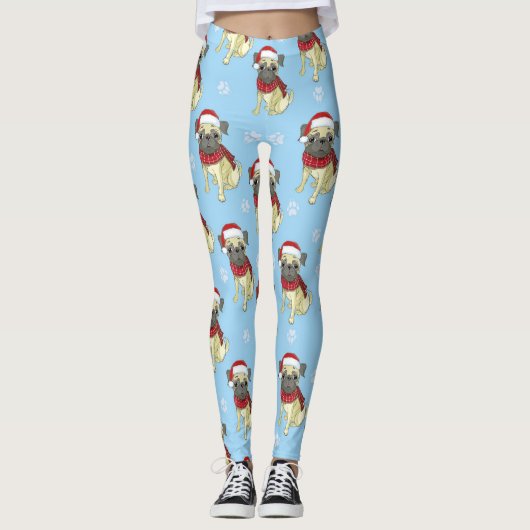 Mops im Muster der Weihnachtsmannmütze Leggings (Vorderseite)
