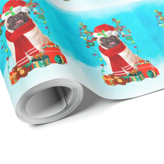 Mops im Schnee mit Weihnachtsgeschenken Geschenkpapier (Rolleneckpunkt)