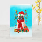 Mops im Schnee mit Weihnachtsgeschenken Karte (Gelbe Blume)