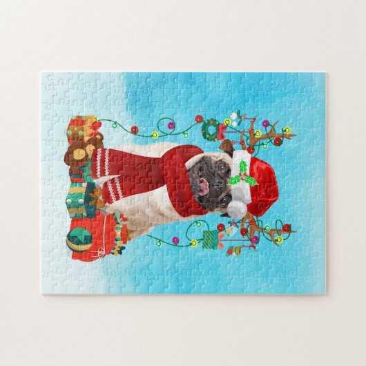 Mops im Schnee mit Weihnachtsgeschenken Puzzle (Horizontal)