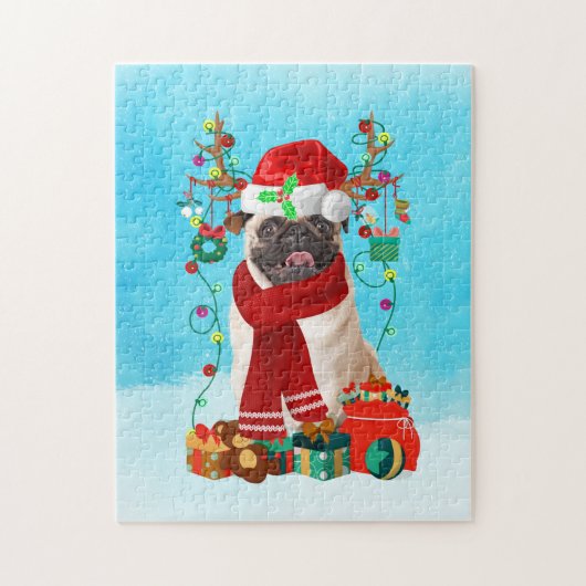 Mops im Schnee mit Weihnachtsgeschenken Puzzle (Vertikal)