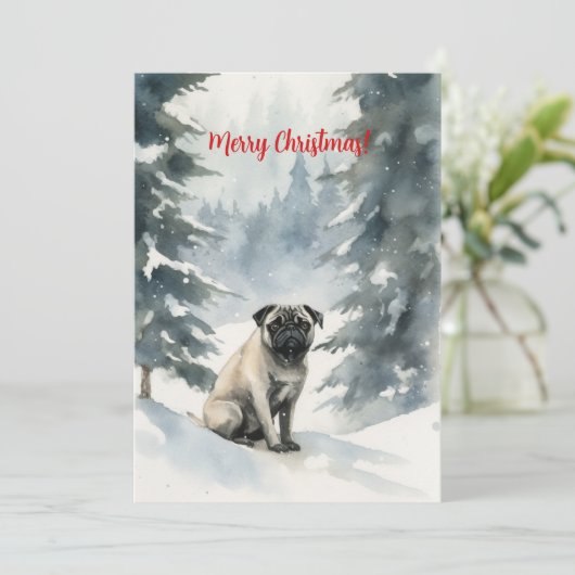 Mops im Schnee Weihnachten im Wasser (Stehend Vorderseite)