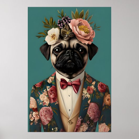 Mops in Anzug Poster, Mopsporträt, Mops Öl Poster (Vorne)