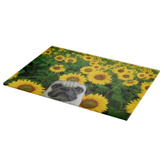 Mops in den Sonnenblumen Schneidebrett (Ecke)