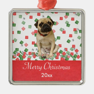 Mops-in der Hand gemalter WeihnachtsConfetti Silbernes Ornament