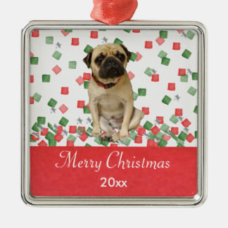 Mops-in der Hand gemalter WeihnachtsConfetti Silbernes Ornament