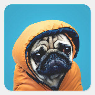 Mops in der Puffer-Jacke Quadratischer Aufkleber