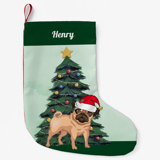 Mops in der Weihnachtsmannmütze Weihnachtsbaum Grü Kleiner Weihnachtsstrumpf (Vorderseite)