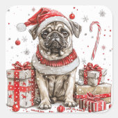 Mops in Elf Kostüm mit Candy Cane Quadratischer Aufkleber (Vorderseite)