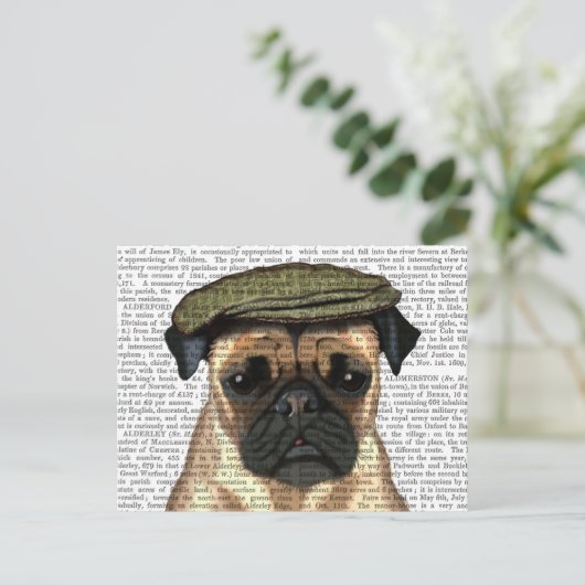 Mops in flacher Kappe Postkarte (Stehend Vorderseite)