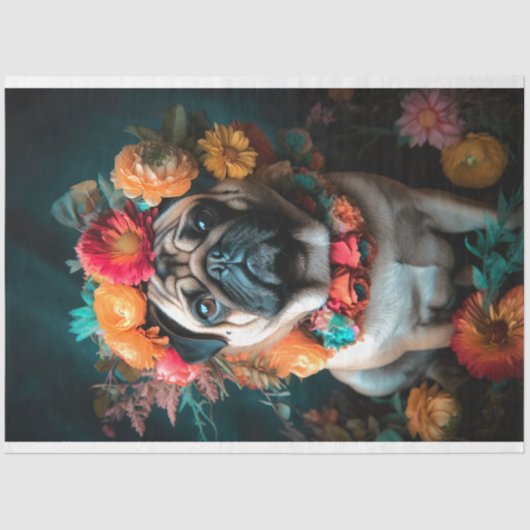 Mops in Florals 2 Dekoupage Seidenpapier (Vorderseite)
