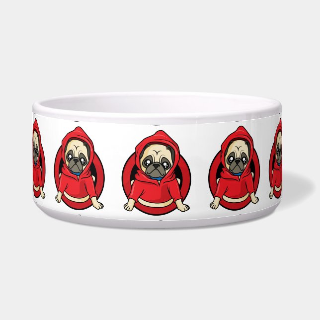 Mops in roter Kapuzenjacke Napf (Vorderseite)