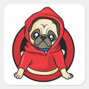 Mops in roter Kapuzenjacke Quadratischer Aufkleber