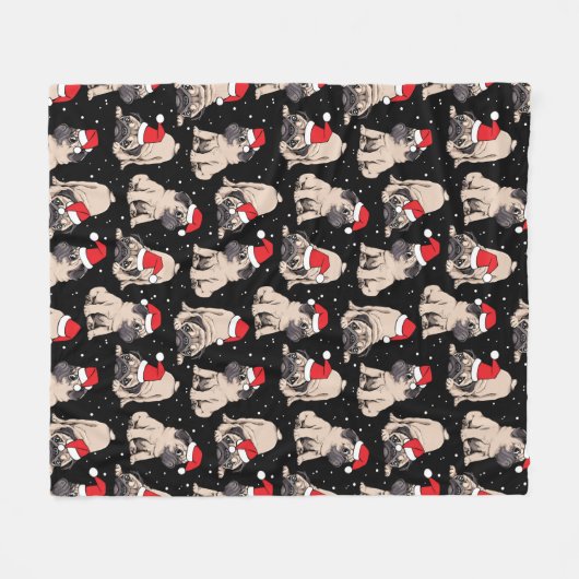 Mops in Weihnachtsmannmützen Weihnachtsmuster Fleecedecke (Vorderseite (Horizontal))