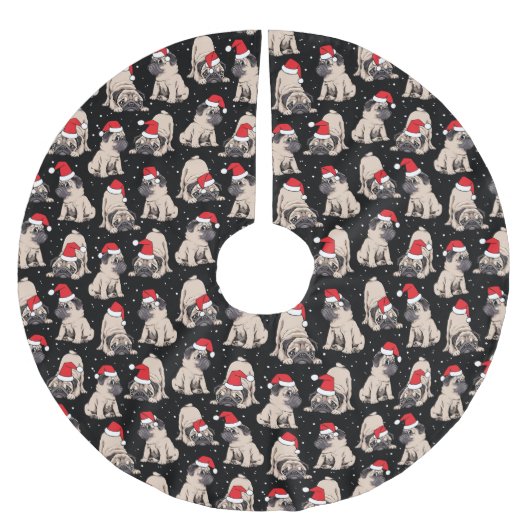 Mops in Weihnachtsmannmützen Weihnachtsmuster Polyester Weihnachtsbaumdecke (Vorderseite)