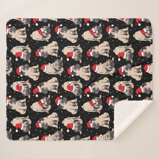 Mops in Weihnachtsmannmützen Weihnachtsmuster Sherpadecke (Vorderseite (Horizontal))