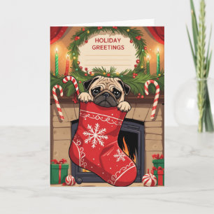 Mops in Weihnachtsstrumpf Festliche Cartoon-Kunst Karte