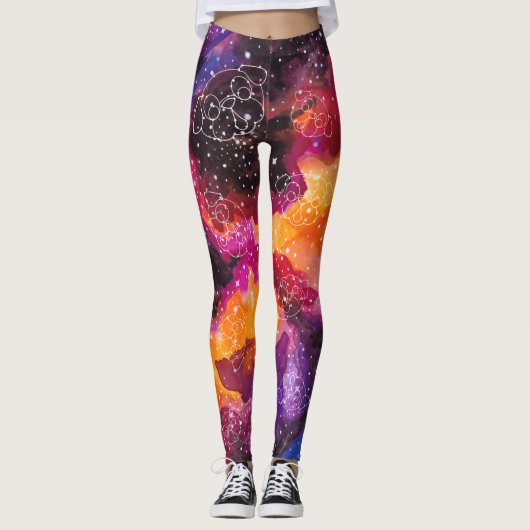 Mops-Konstellations-Stern-Galaxie-Orangen-Rosa Leggings (Vorderseite)
