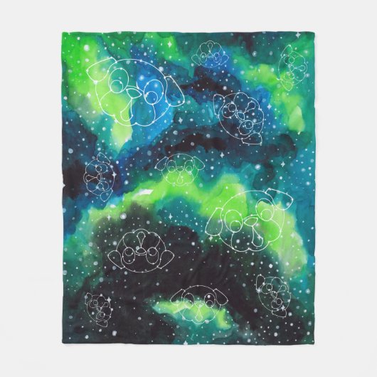 Mops-Konstellations-Stern-Himmel-Grüntöne-Blues Fleecedecke (Vorderseite)