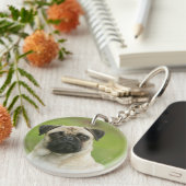 Mops-Kopf gespannt, Kamera betrachtend Schlüsselanhänger (Vorderseite rechts)