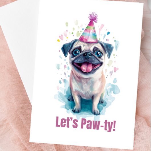 Mops "Lass’s Paw-ty!" Celebration Card Karte