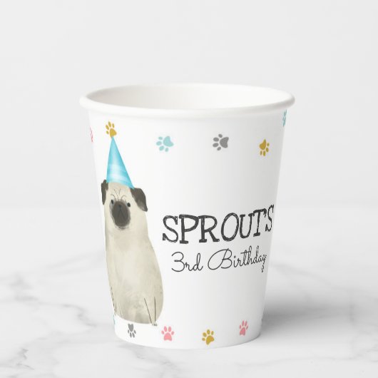 Mops Lasse Pawty Dog Birthday Party Blue Paper Cup Pappbecher (Vorderseite)