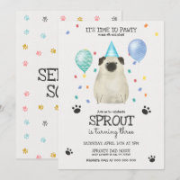 Mops Lasse Pawty Dog Geburtstag Einladung blau