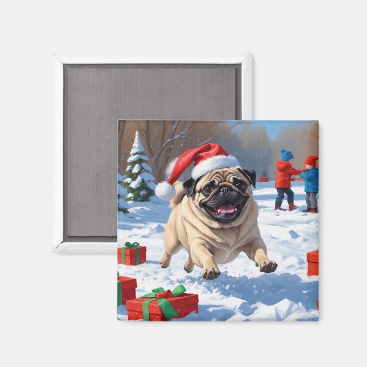 Mops läuft im Schnee mit Weihnachtshut Magnet (Vorderseite/Rückseite)