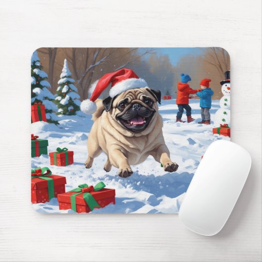 Mops läuft im Schnee mit Weihnachtshut Mousepad (Mit Mouse)