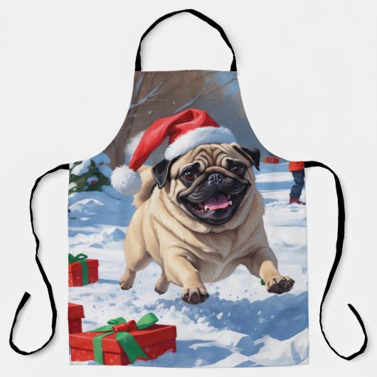 Mops läuft im Schnee mit Weihnachtshut Schürze (Vorderseite)