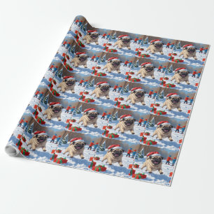 Mops läuft im Schnee mit Weihnachtsmütze Geschenkpapier
