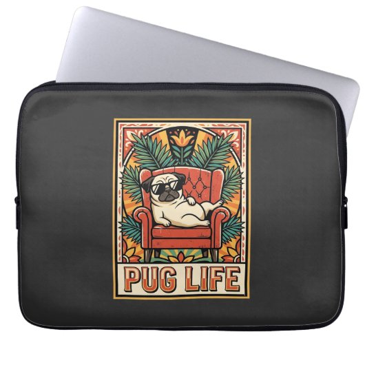 Mops Leben Retro-Folk-Art-Hund Laptopschutzhülle (Vorderseite)