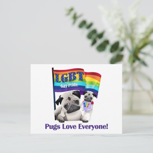 Mops Liebe Gay Pride Mops mit Fahne Postkarte (Stehend Vorderseite)