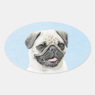 Mops Malerei - Niedliche Original Hunde Kunst Ovaler Aufkleber