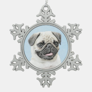 Mops Malerei - Niedliche Original Hunde Kunst Schneeflocken Zinn-Ornament