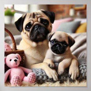 Mops Mama und ihr Welpe Poster