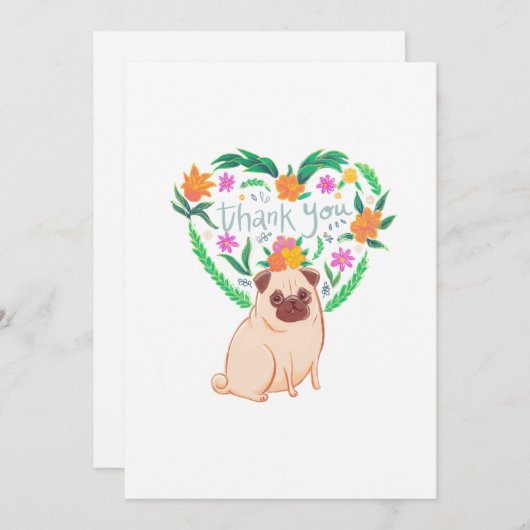Mops mit Blumen im Herzen Dankeskarte (Vorne/Hinten)