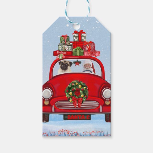 Mops mit dem Weihnachtsmann im Auto Geschenkanhänger (Vorderseite)