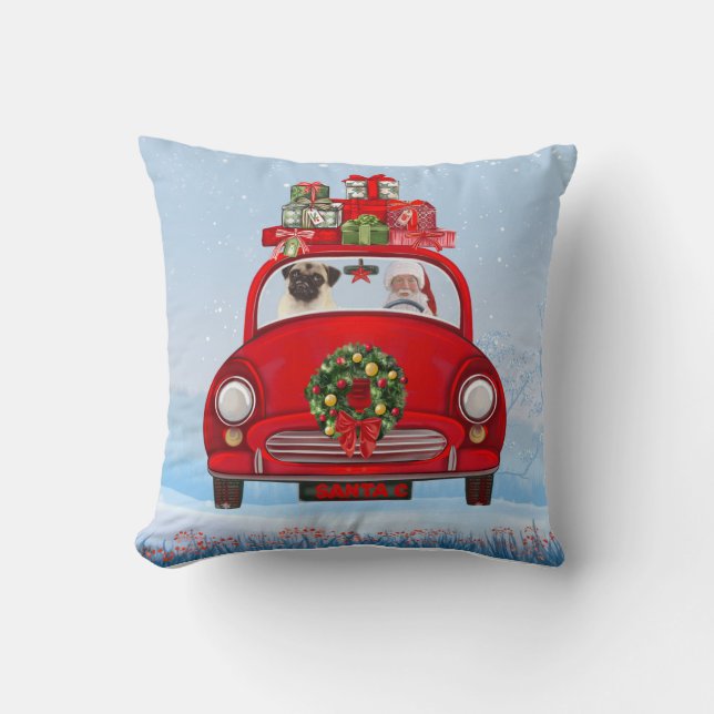Mops mit dem Weihnachtsmann im Auto Kissen (Vorderseite)