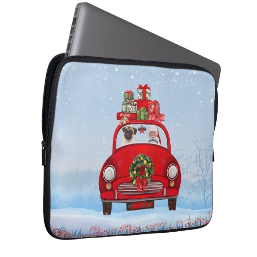 Mops mit dem Weihnachtsmann im Auto Laptopschutzhülle (Vorne Rechts)