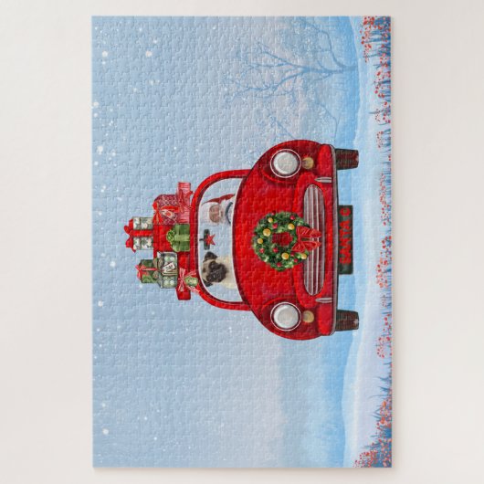 Mops mit dem Weihnachtsmann im Auto Puzzle (Vertikal)