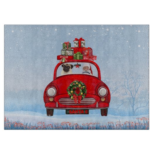 Mops mit dem Weihnachtsmann im Auto Schneidebrett (Vorderseite)